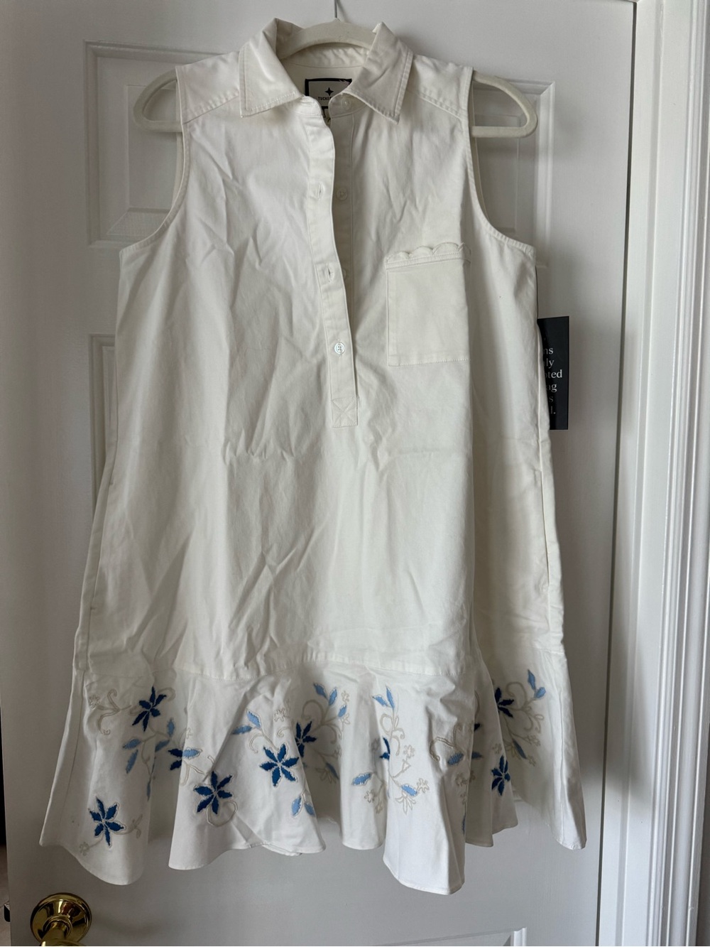 Sleeveless White Cotton Dress with Blue Floral Embroidery
